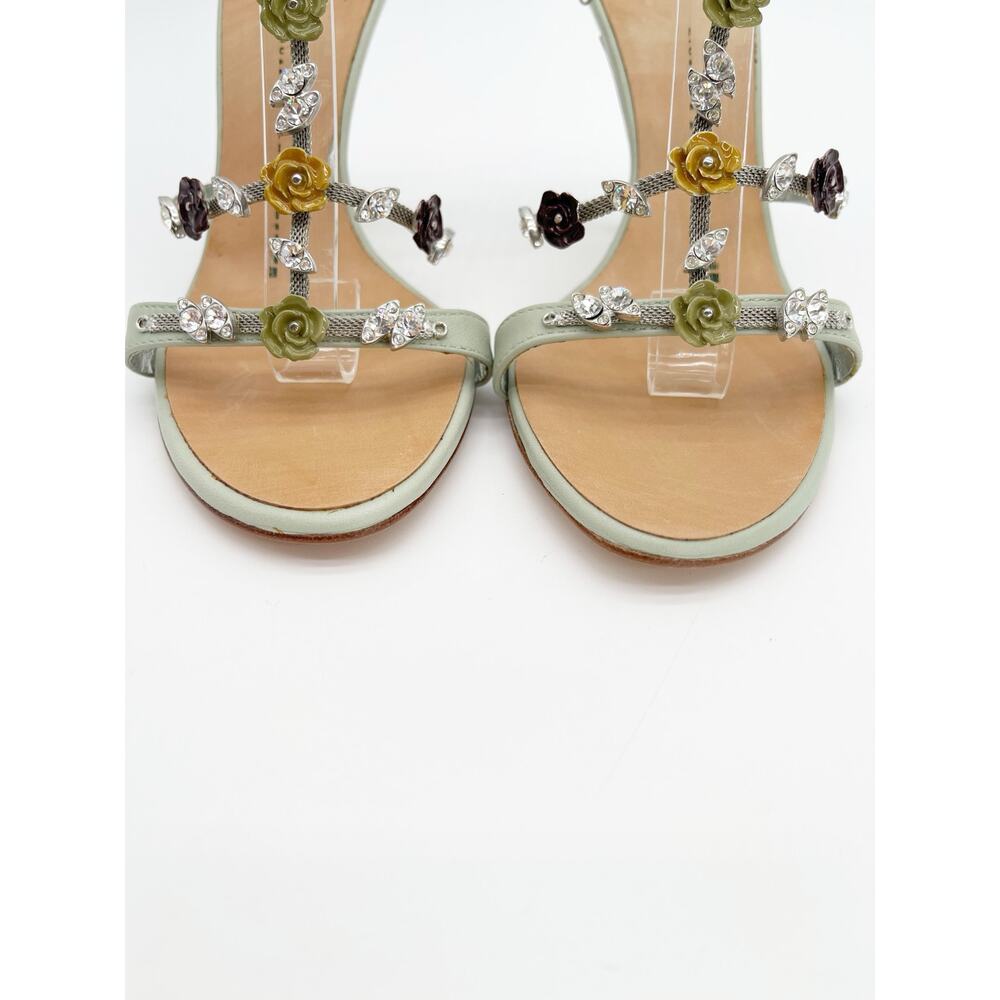 Giuseppe Zanotti Vintage Mint Green Crystal Floral T Strap Heeled Sandals US 7.5 - Picture 7 of 13